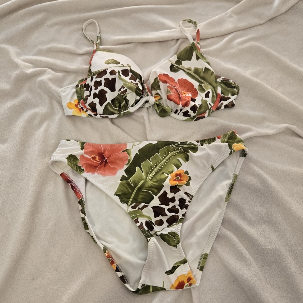 Endless Sun Tropical Floral Jeweled Bikini Set Large Underwire